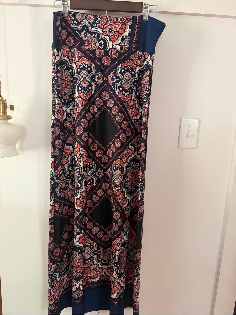 Maxi Skirt with Navy & Coral Geometric Print